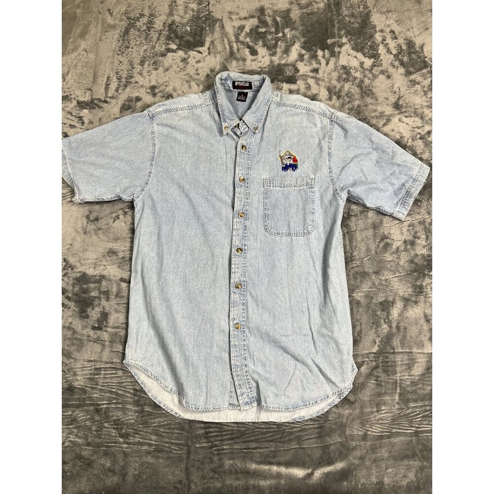 Mens UltraClub Denim Button-Up Shirt Pirate Skeleton Embroidery Medium